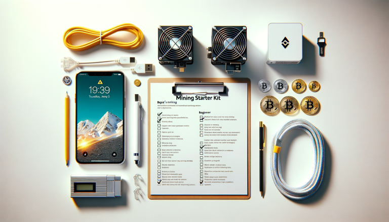 Flat lay of beginner mining equipment and checklist