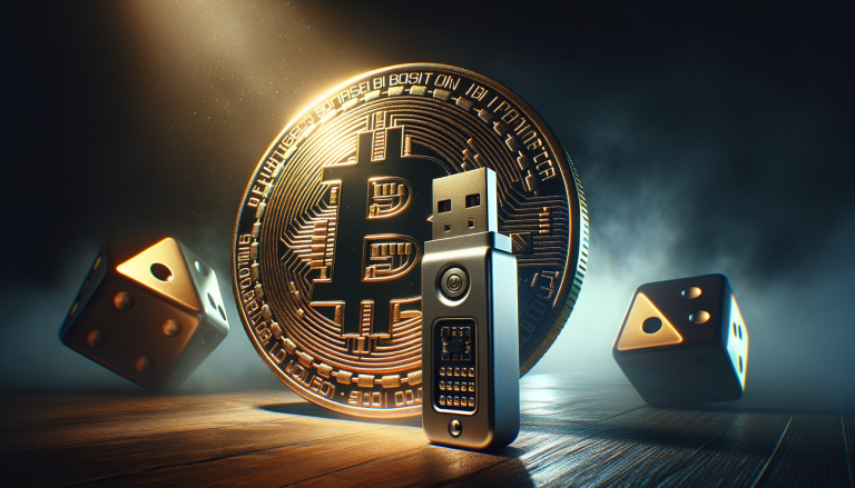 USB miner next to Bitcoin coin with dice suggesting probability