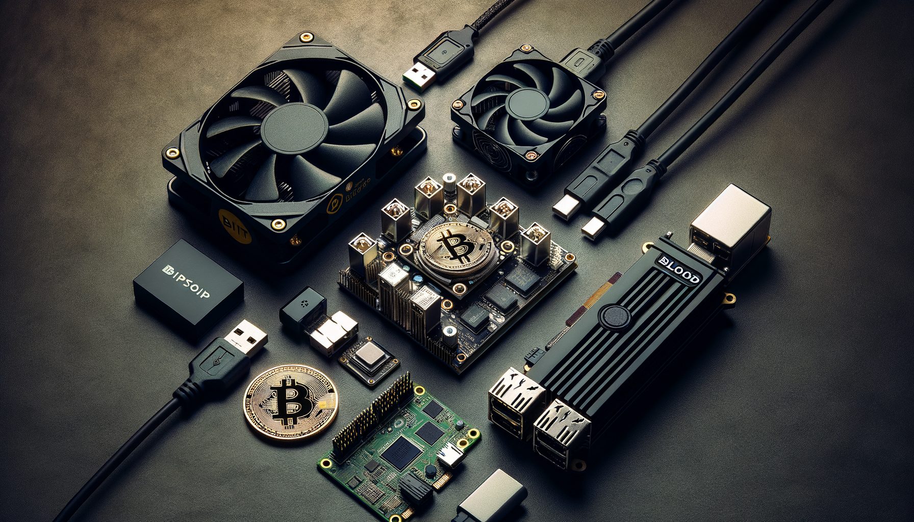 Various mining hardware: ASIC, GPU, USB miner flat lay