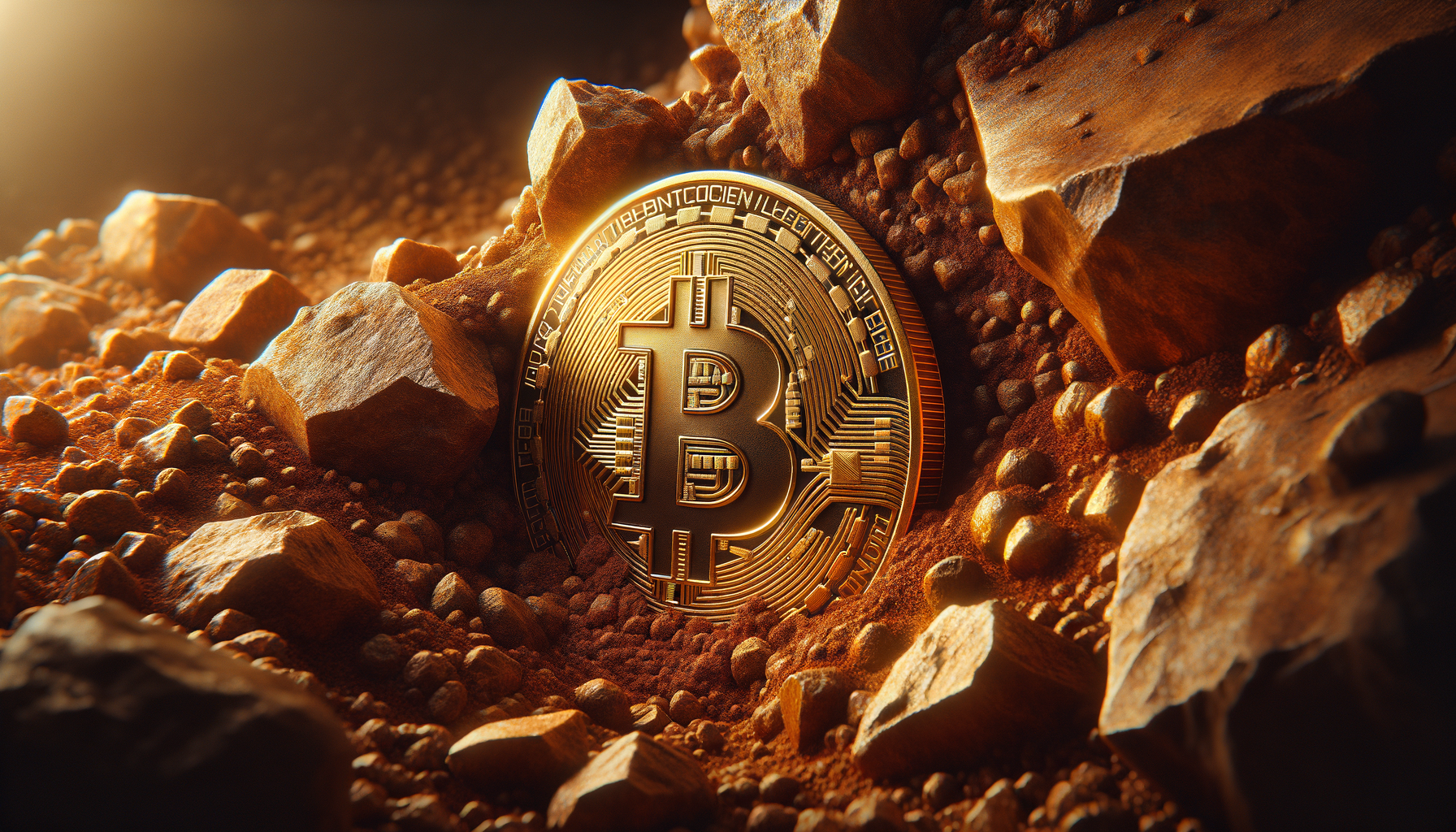 Gold Bitcoin coin embedded in rock