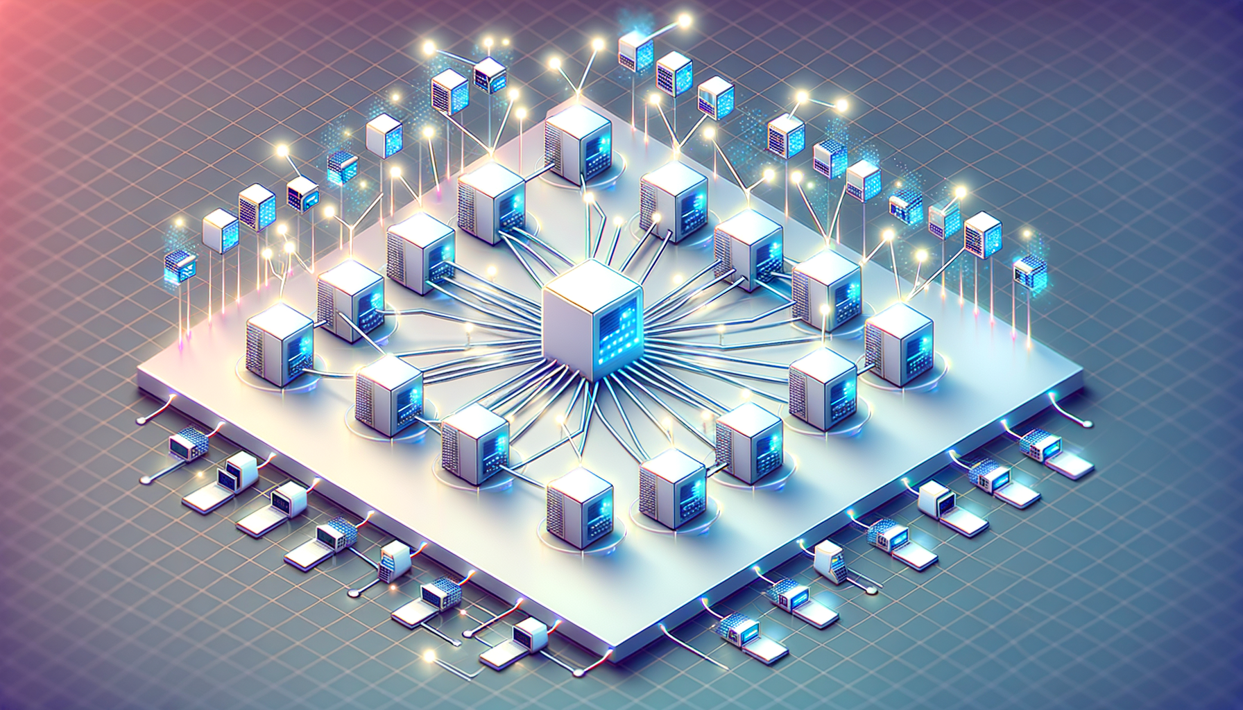 Isometric view of mining nodes connected to central pool