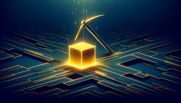 Pickaxe striking a glowing golden block in digital landscape